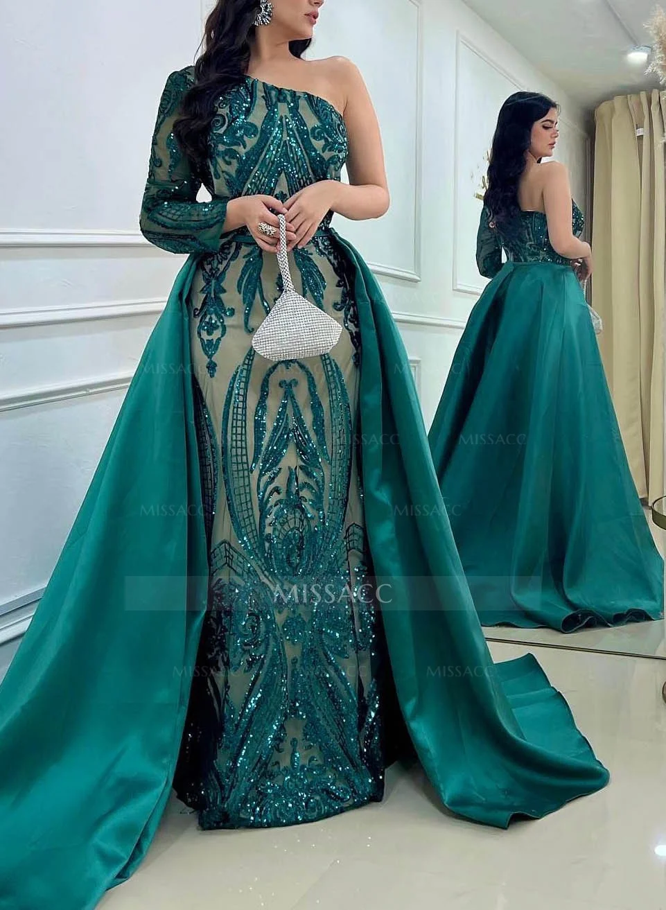Charming Navy Shinning Sequined Evening Dress with One Shoulder & Slit main image 1