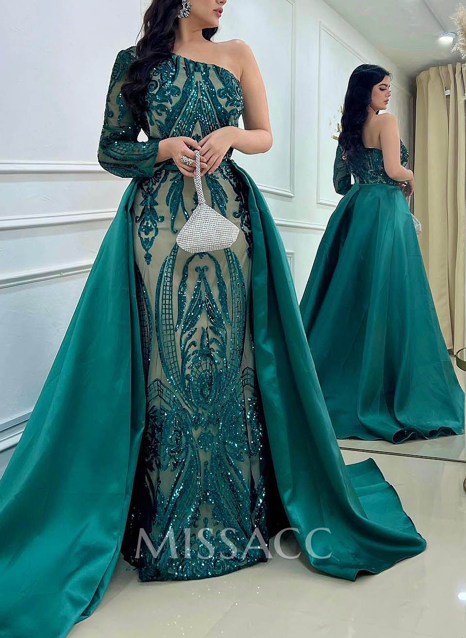 Sequined Long Sleeves One-Shoulder Evening Dresses Sequined Long Sleeves One-Shoulder Evening Dresses