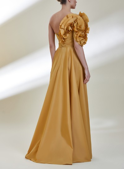 A-Line One-Shoulder Sleeveless Floor-Length Satin Prom Dresses With Split Front