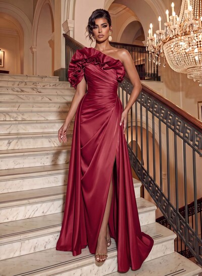 One-Shoulder Sleeveless Floor-Length Evening Dresses With Split Front