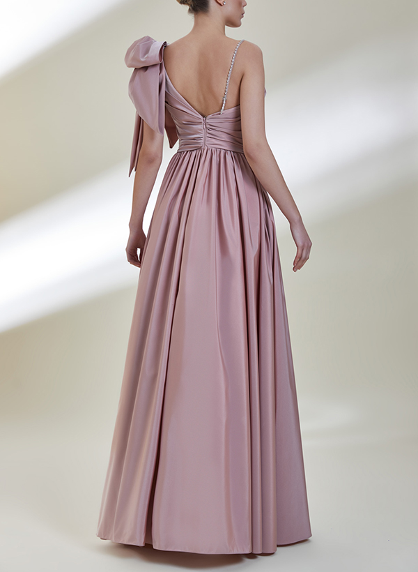 A-Line One-Shoulder Floor-Length Evening Dresses With Split Front/Bow(s)