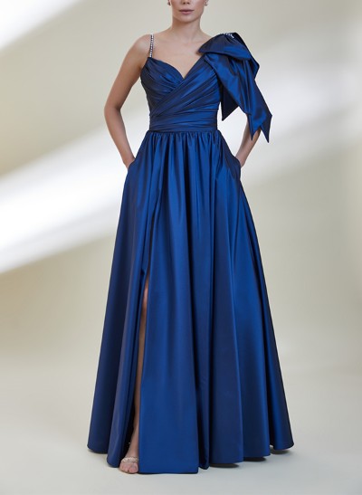 A-Line One-Shoulder Floor-Length Evening Dresses With Split Front/Bow(s)