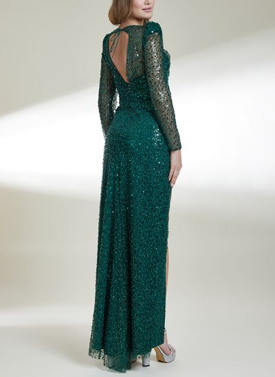 Sheath/Column Long Sleeves Sequined Evening Dresses With Split Front