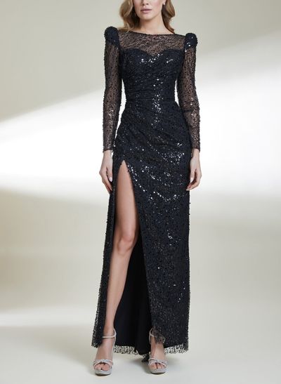 Sheath/Column Long Sleeves Sequined Evening Dresses With Split Front