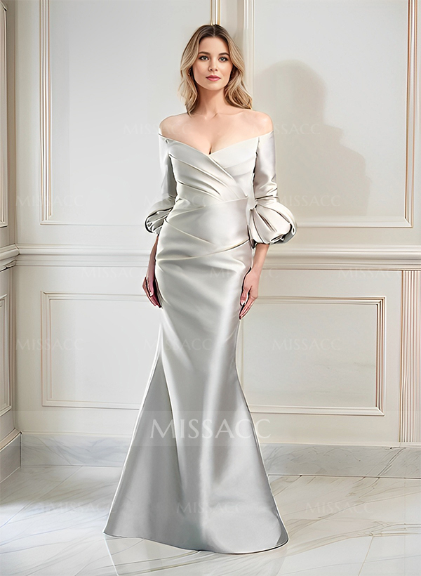Trumpet/Mermaid Off-The-Shoulder 3/4 Sleeves Floor-Length Satin Evening Dresses