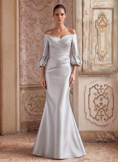 Trumpet/Mermaid Off-The-Shoulder 3/4 Sleeves Floor-Length Satin Evening Dresses