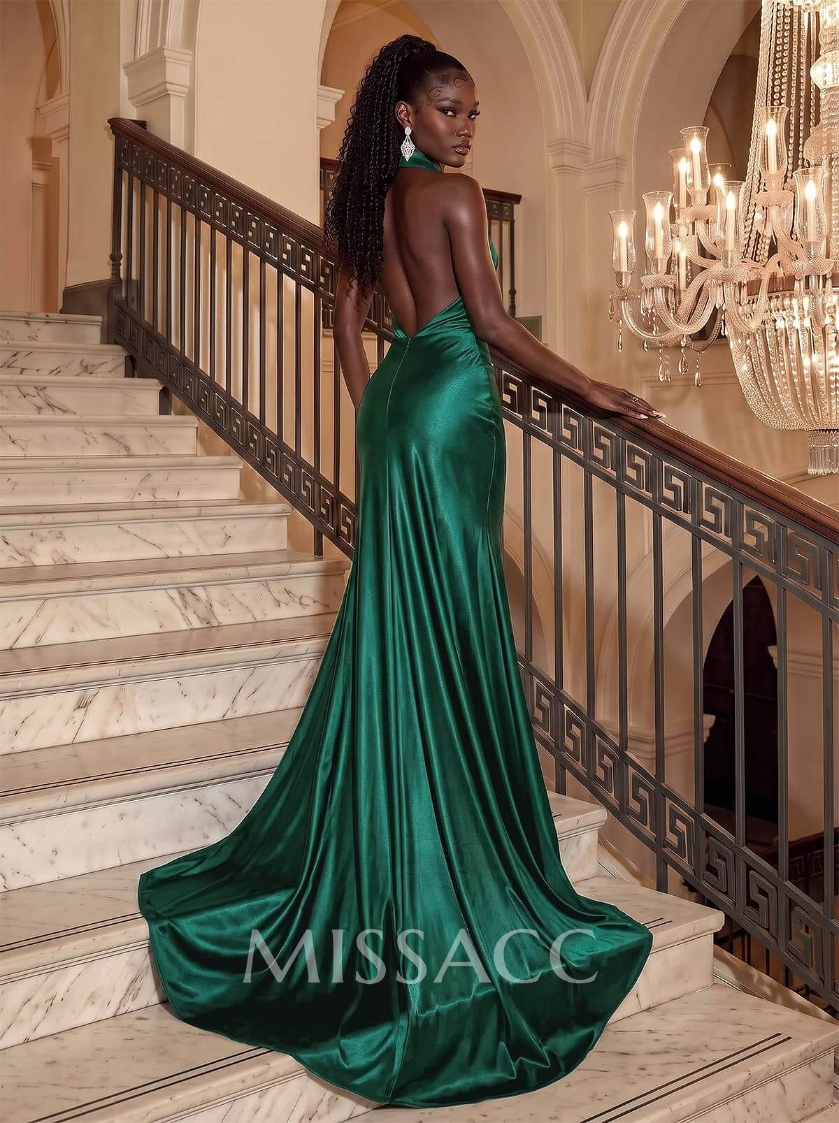 Sexy Halter Backless Silk Like Satin Simple Evening Dresses