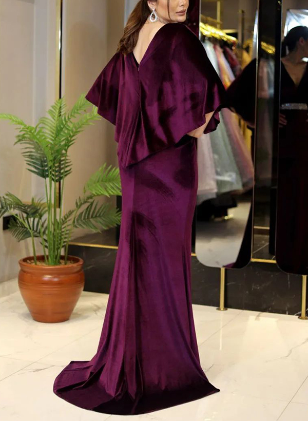 Sheath/Column V-Neck 1/2 Sleeves Floor-Length Velvet Evening Dresses With Sash