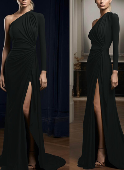 Long Sleeves One-Shoulder Simple Elegant Evening Dresses
