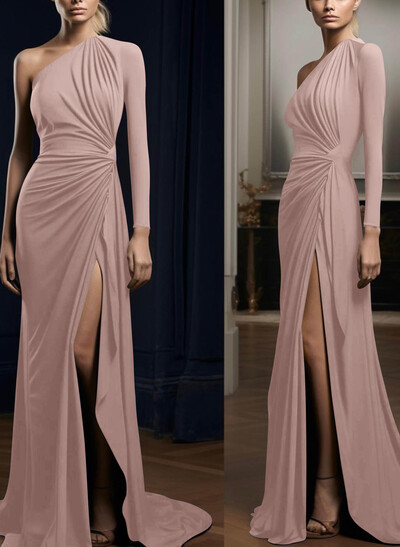 Long Sleeves One-Shoulder Simple Elegant Evening Dresses