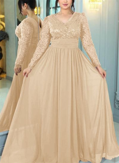 Sequined Long Sleeves V-Neck Chiffon A-Line Evening Dresses