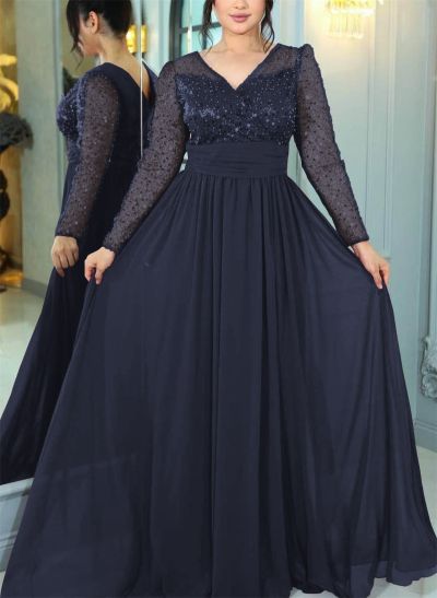 Sequined Long Sleeves V-Neck Chiffon A-Line Evening Dresses