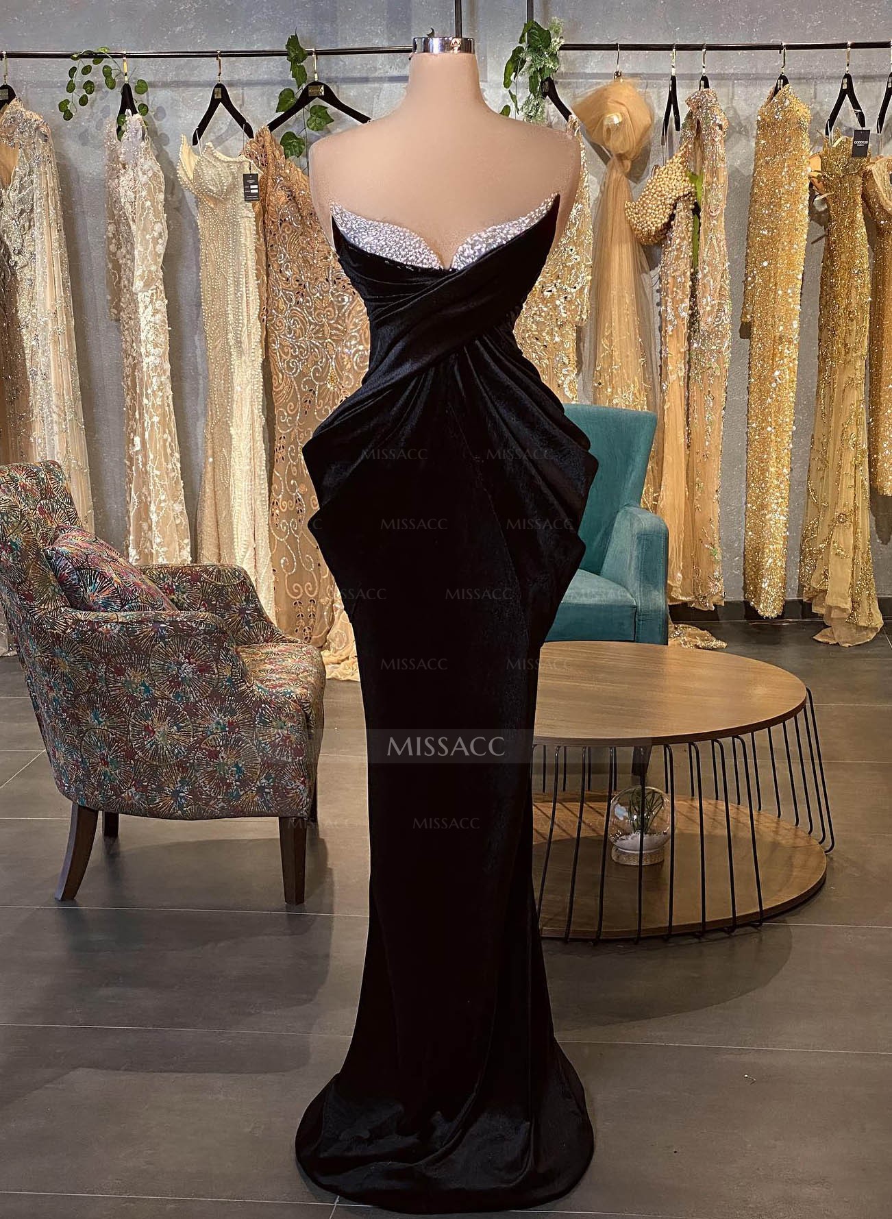 Strapless Velvet Sheath/Column Sparkly Evening Dresses