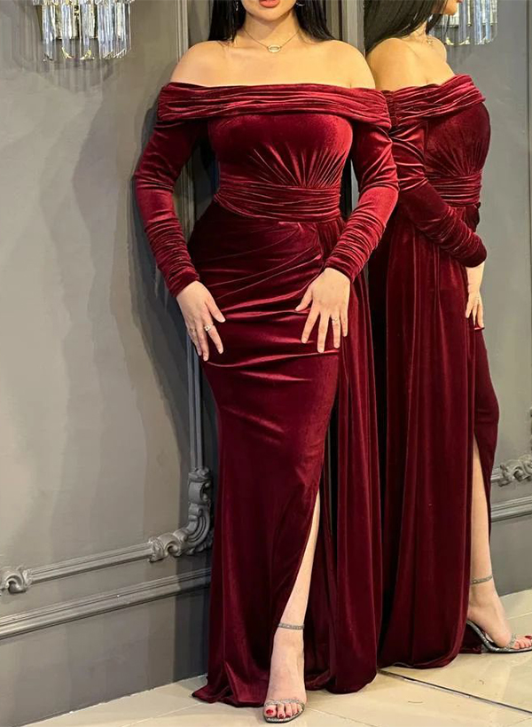 Sheath/Column Strapless Long Sleeves Velvet Evening Dresses With Split Front