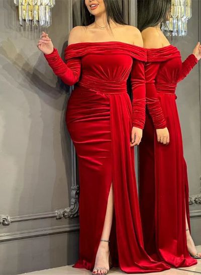 Sheath/Column Strapless Long Sleeves Velvet Evening Dresses With Split Front