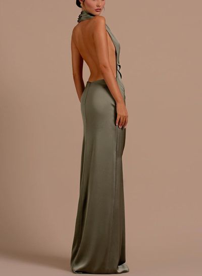 Sheath/Column Halter Sleeveless Silk Like Satin Evening Dresses With Back Hole