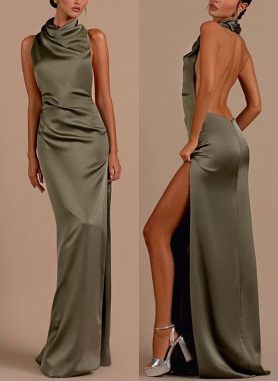 Sheath/Column Halter Sleeveless Silk Like Satin Evening Dresses With Back Hole