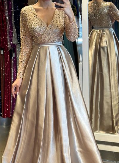 A-Line V-Neck Long Sleeves Satin/Sequined Evening Dresses With Pleated
