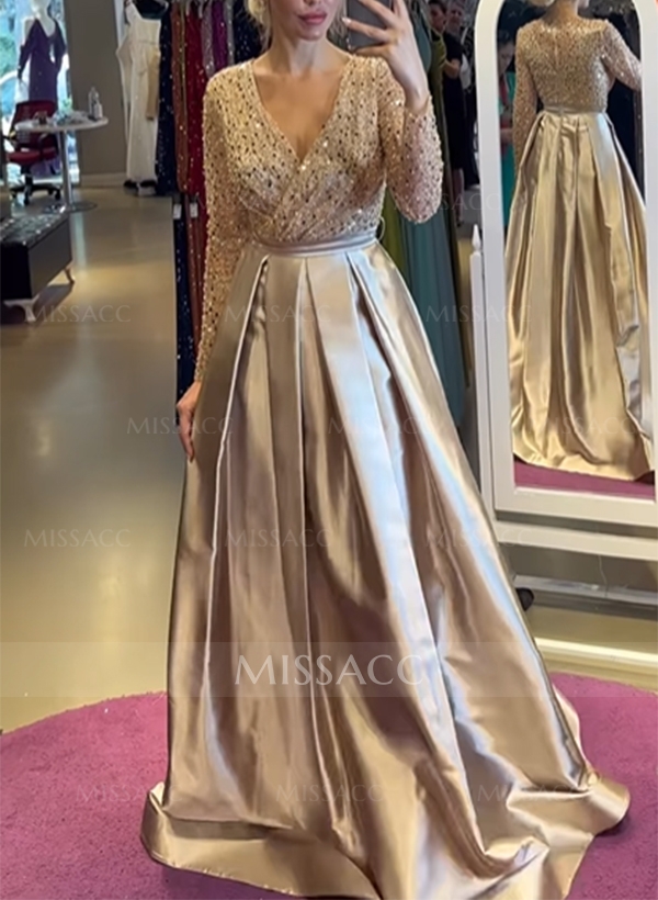 A-Line V-Neck Long Sleeves Satin/Sequined Evening Dresses With Pleated
