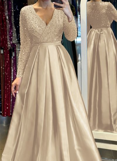 A-Line V-Neck Long Sleeves Satin/Sequined Evening Dresses With Pleated