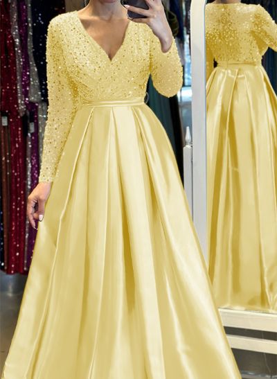 A-Line V-Neck Long Sleeves Satin/Sequined Evening Dresses With Pleated