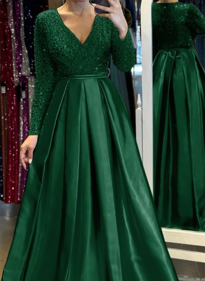 A-Line V-Neck Long Sleeves Satin/Sequined Evening Dresses With Pleated