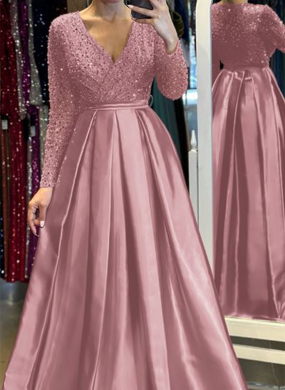 A-Line V-Neck Long Sleeves Satin/Sequined Evening Dresses With Pleated