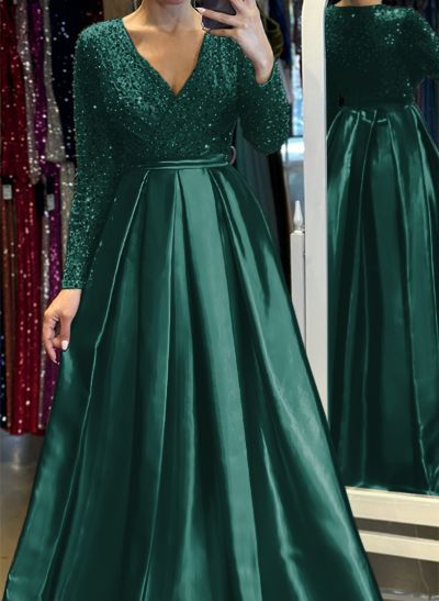 A-Line V-Neck Long Sleeves Satin/Sequined Evening Dresses With Pleated