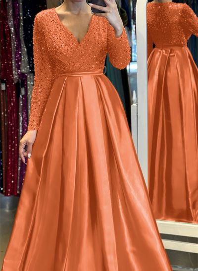 A-Line V-Neck Long Sleeves Satin/Sequined Evening Dresses With Pleated