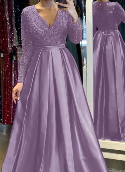 A-Line V-Neck Long Sleeves Satin/Sequined Evening Dresses With Pleated