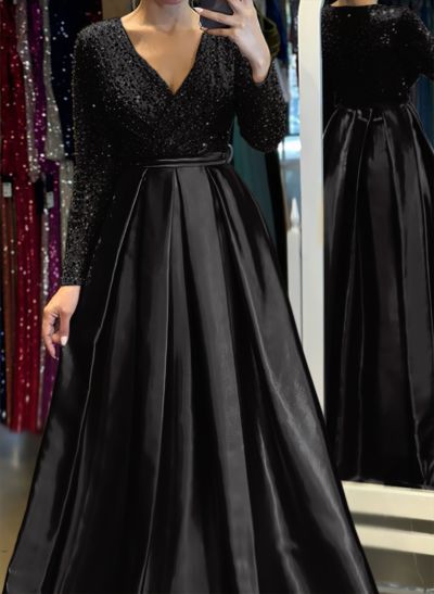 A-Line V-Neck Long Sleeves Satin/Sequined Evening Dresses With Pleated