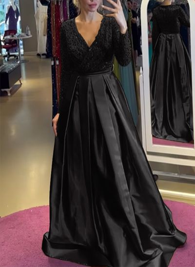 A-Line V-Neck Long Sleeves Satin/Sequined Evening Dresses With Pleated