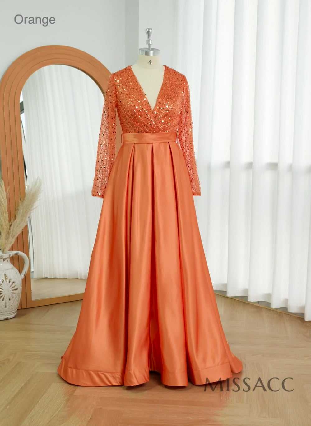A-Line V-Neck Long Sleeves Satin/Sequined Evening Dresses With Pleated