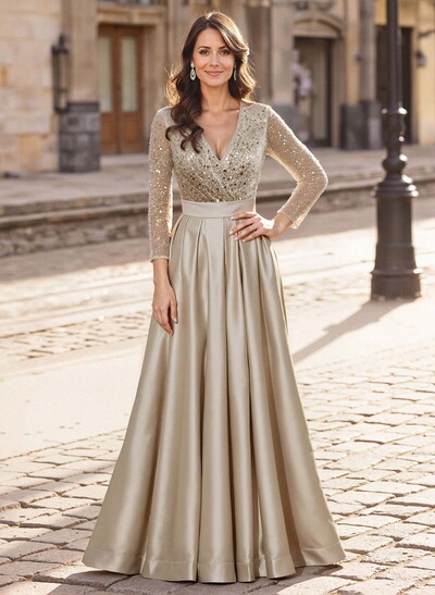 A-Line V-Neck Long Sleeves Satin/Sequined Evening Dresses With Pleated