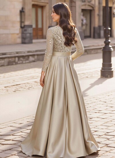 A-Line V-Neck Long Sleeves Satin/Sequined Evening Dresses With Pleated