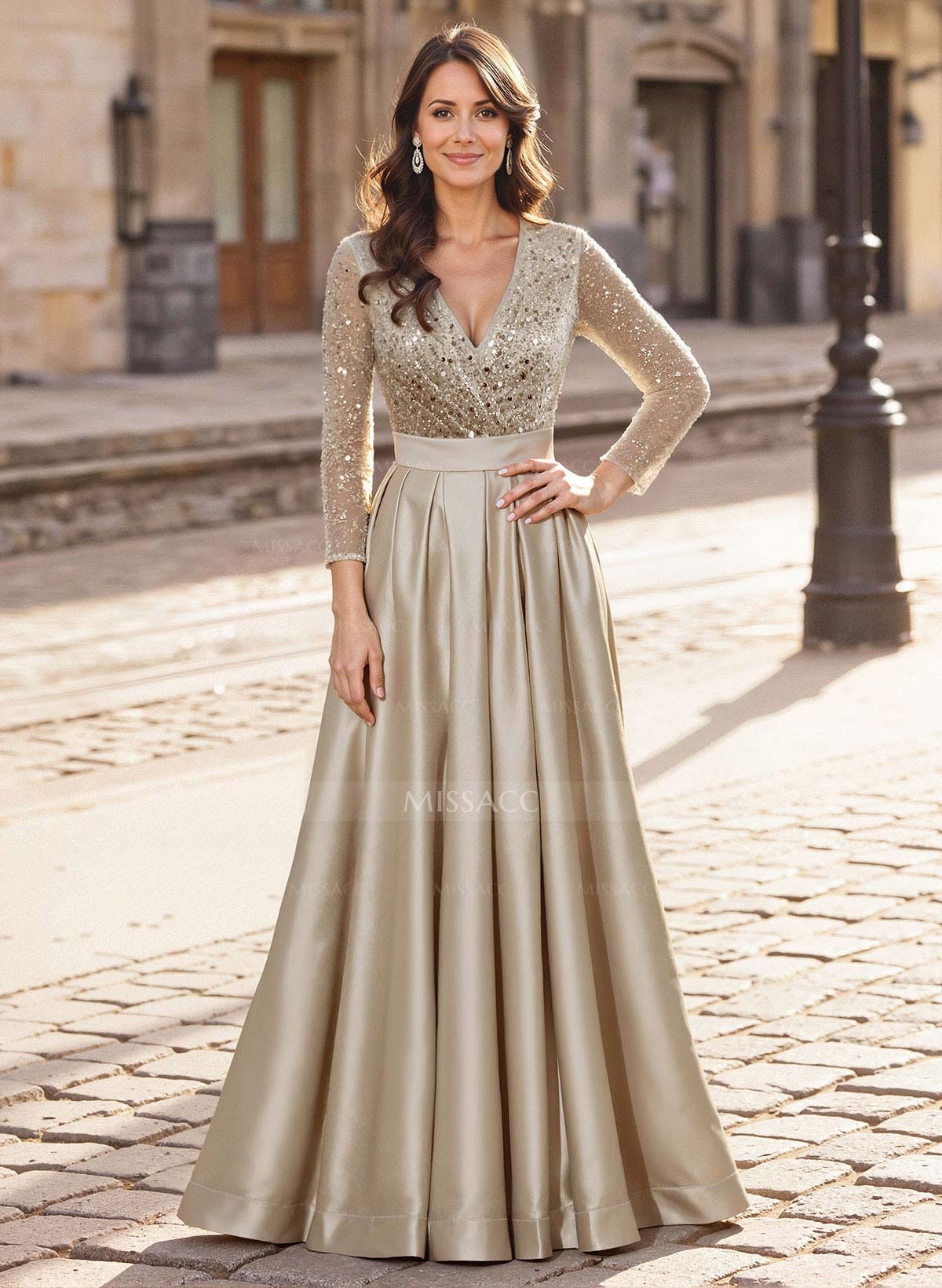 A-Line V-Neck Long Sleeves Satin/Sequined Evening Dresses With Pleated