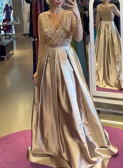 A-Line V-Neck Long Sleeves Satin/Sequined Evening Dresses With Pleated