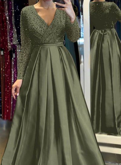 A-Line V-Neck Long Sleeves Satin/Sequined Evening Dresses With Pleated