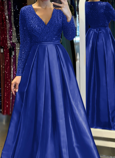 A-Line V-Neck Long Sleeves Satin/Sequined Evening Dresses With Pleated