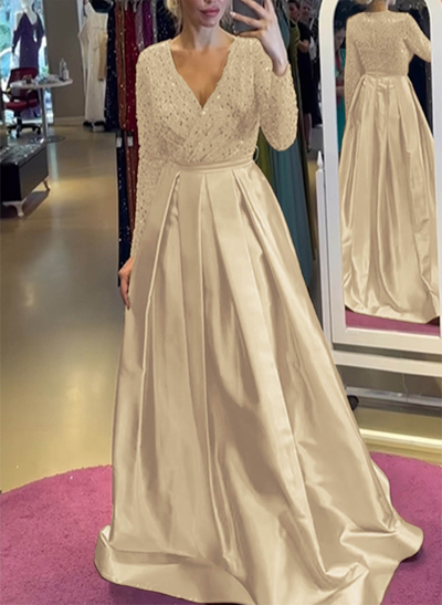 A-Line V-Neck Long Sleeves Satin/Sequined Evening Dresses With Pleated