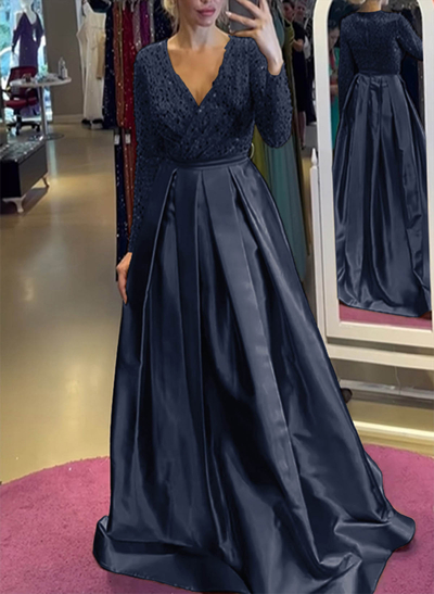 A-Line V-Neck Long Sleeves Satin/Sequined Evening Dresses With Pleated