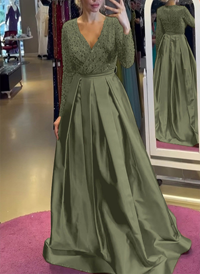 A-Line V-Neck Long Sleeves Satin/Sequined Evening Dresses With Pleated