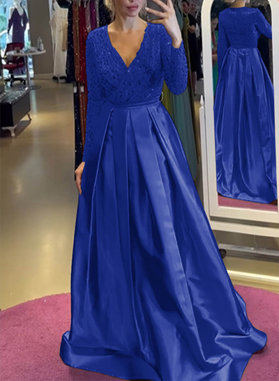 A-Line V-Neck Long Sleeves Satin/Sequined Evening Dresses With Pleated
