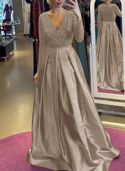 A-Line V-Neck Long Sleeves Satin/Sequined Evening Dresses With Pleated