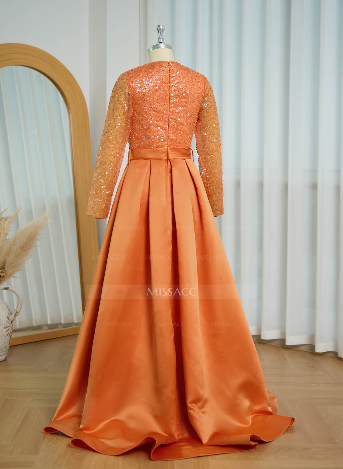 A-Line V-Neck Long Sleeves Satin/Sequined Evening Dresses With Pleated