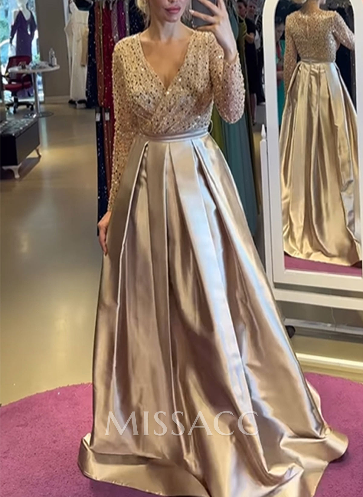 A-Line V-Neck Long Sleeves Satin/Sequined Evening Dresses With Pleated