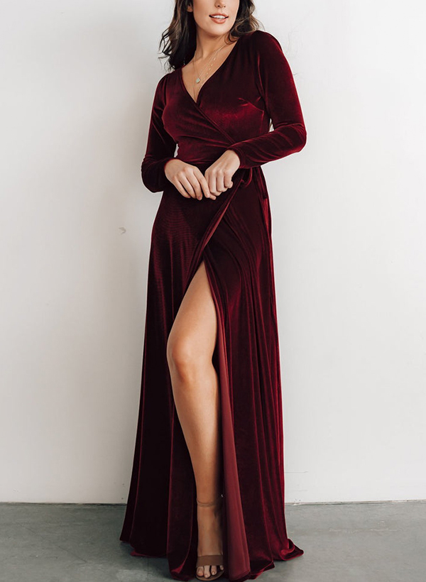 V-Neck Long Sleeves Floor-Length Velvet Evening Dresses With Split Front