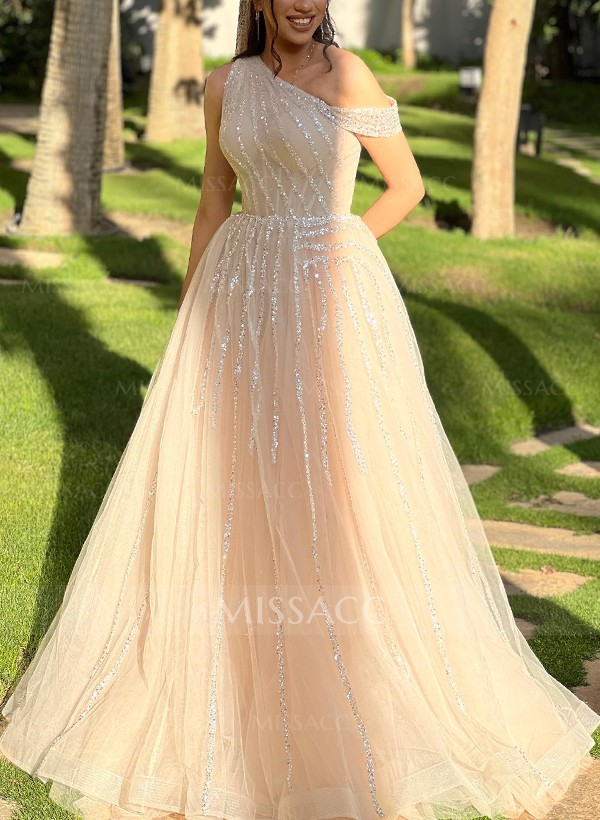 A-Line Asymmetrical Sleeveless Tulle Evening Dresses