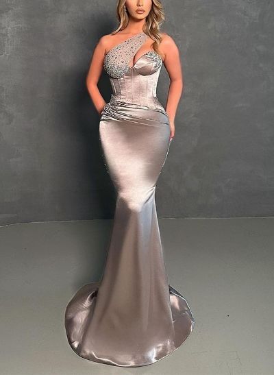 Trumpet/Mermaid One-Shoulder Silk Like Satin Evening Dresses With Rhinestone