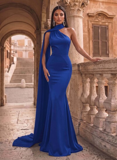 Trumpet/Mermaid Halter Sleeveless Sweep Train Silk Like Satin Evening Dresses